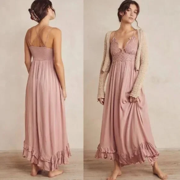 Free People One Adella Lace Slip Maxi Dress Rose Pink Womens Size Small - Picture 4 of 16